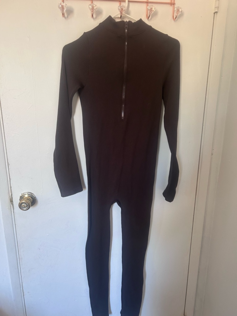 Fashion Nova womens Long Sleeve Brown Ribbed Zip-Front One-Piece
